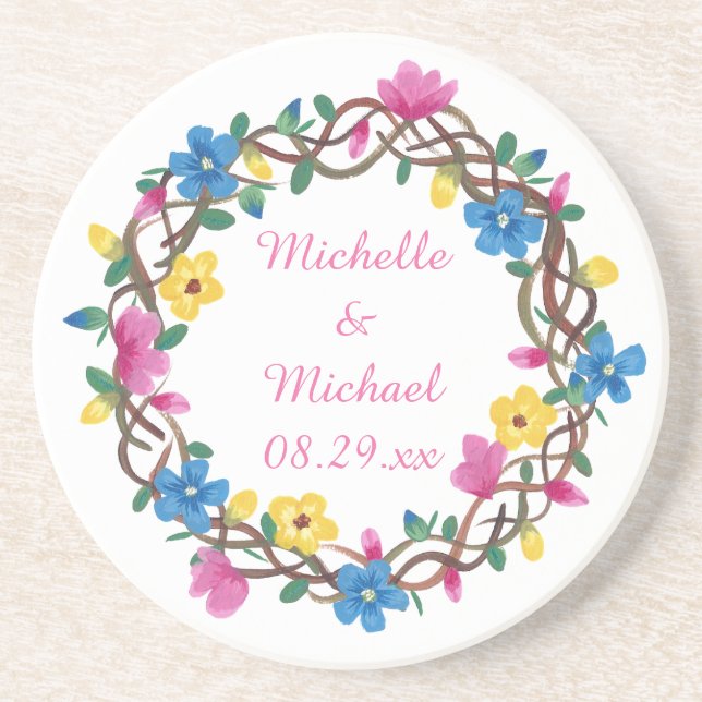 Colourful Flowers Round Personalised Coasters (Front)
