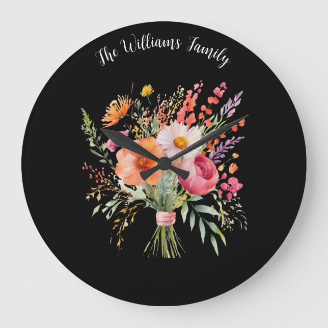 Colourful Flowers Rustic Floral Pretty Personalise Large Clock (Front)