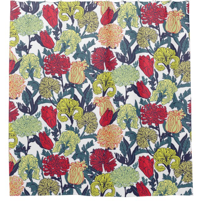 Colourful flowers: seamless white pattern. shower curtain (Front)