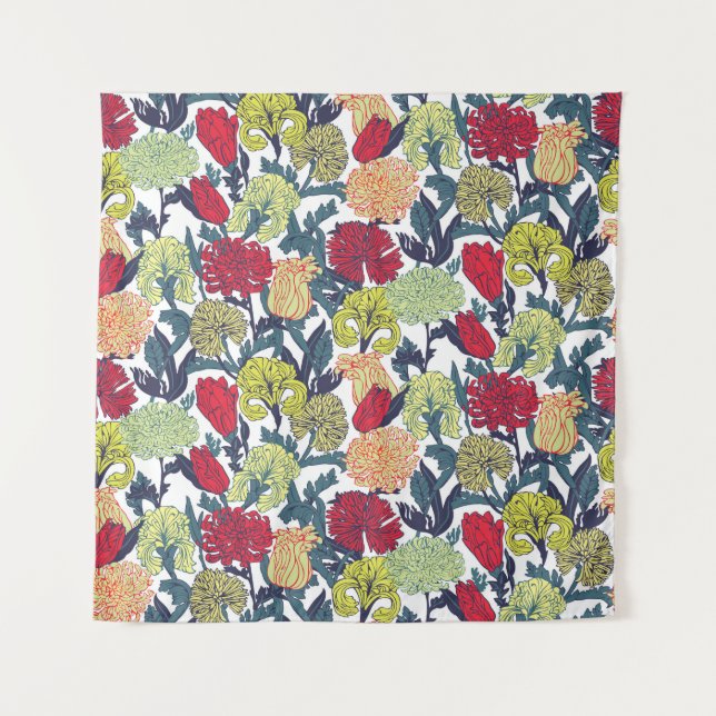 Colourful flowers: seamless white pattern. tapestry (Front)