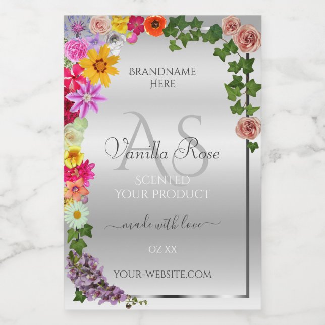 Colourful Flowers Silver Monogrammed Product Label (Single Label)