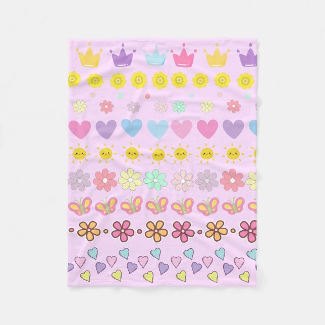 Colourful Flowers Sun & Hearts Pattern, Pink Flora Fleece Blanket (Front)