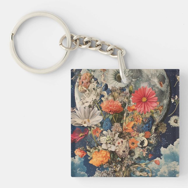Colourful Flowers Under Full Moon Key Ring (Front)
