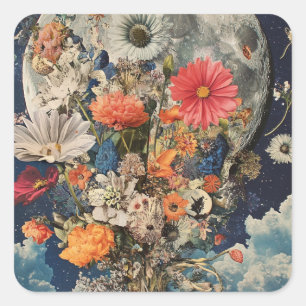 Colourful Flowers Under Full Moon Square Sticker