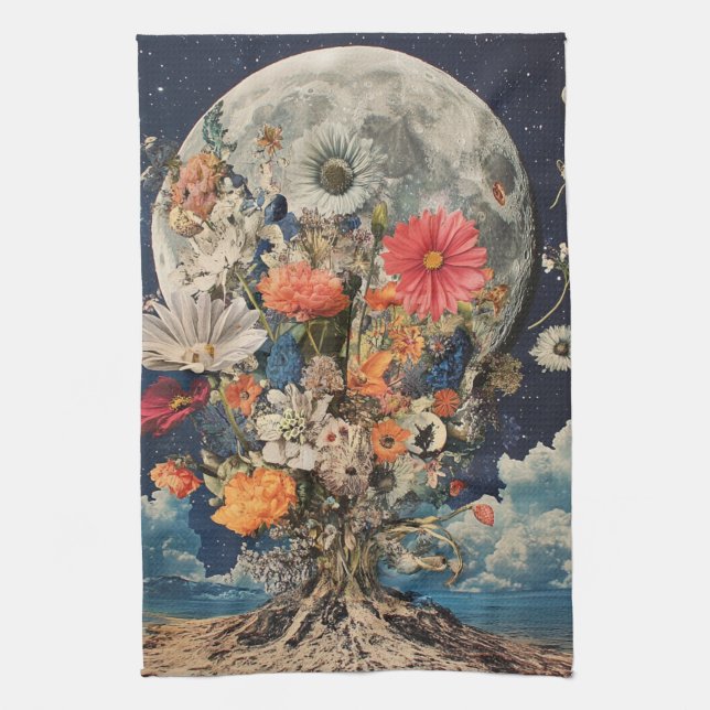 Colourful Flowers Under Full Moon Tea Towel (Vertical)