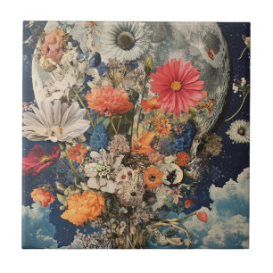 Colourful Flowers Under Full Moon Tile