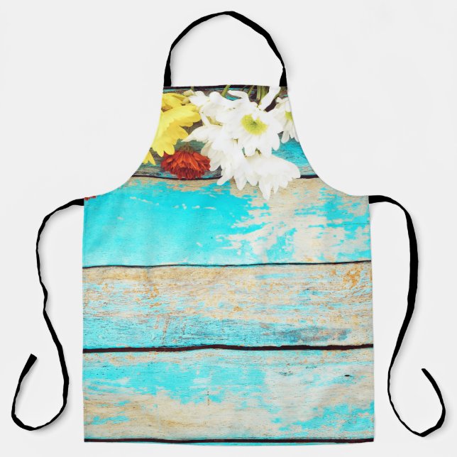 Colourful flowers, vintage wooden border. apron (Front)