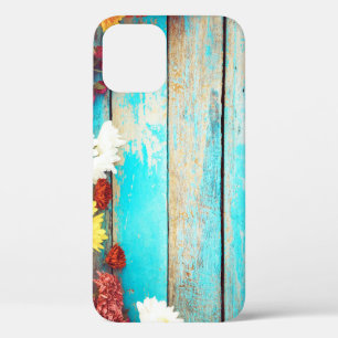 Colourful flowers, vintage wooden border. iPhone 12 case