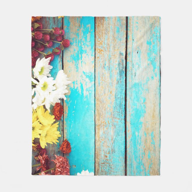 Colourful flowers, vintage wooden border. fleece blanket (Front)