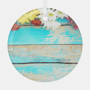 Colourful flowers, vintage wooden border. glass tree decoration