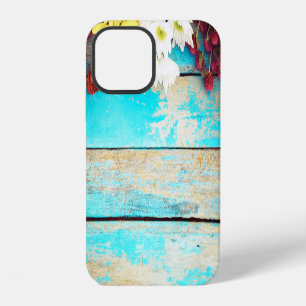 Colourful flowers, vintage wooden border. iPhone 12 case