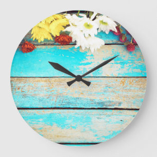 Colourful flowers, vintage wooden border. large clock