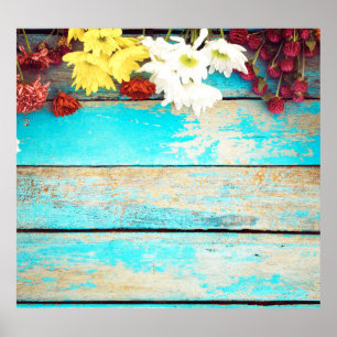 Colourful flowers, vintage wooden border. poster