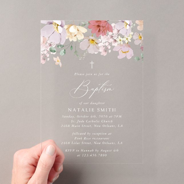 Colourful Flowers, Wildflowers, Boho, Baptism Acrylic Invitations (Insitu (Handheld))