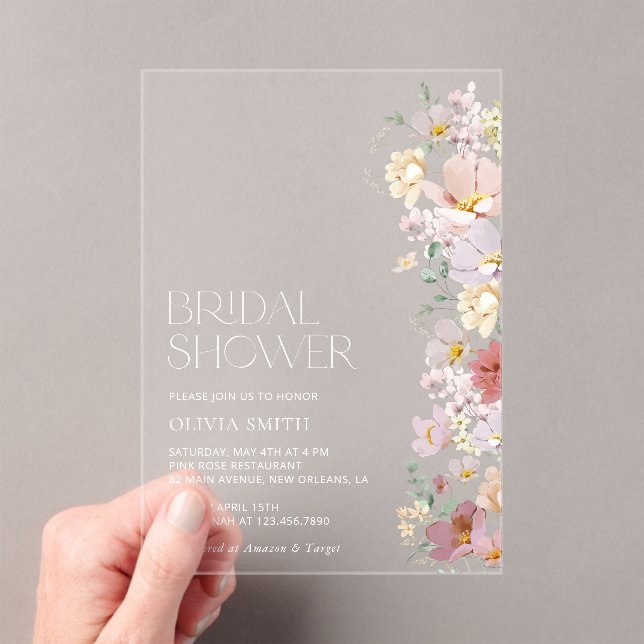 Colourful Flowers, Wildflowers, Boho, Bridal Showe Acrylic Invitations (Insitu (Handheld))