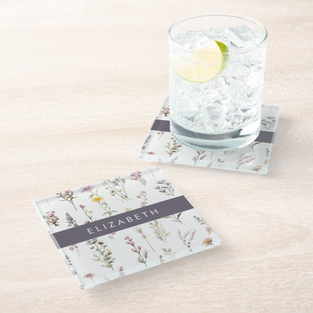 Colourful Flowers, Wildflowers, Greenery, Your Nam Glass Coaster (Angled)