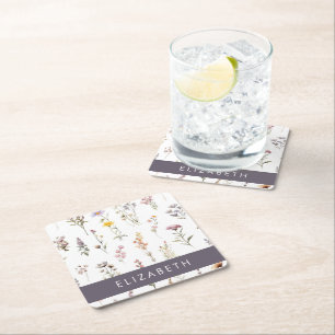 Colourful Flowers, Wildflowers, Greenery, Your Nam Square Paper Coaster