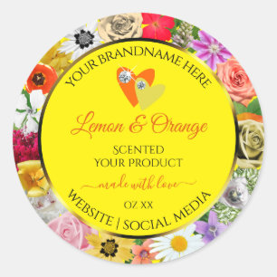 Colourful Flowers Yellow Product Labels with Heart