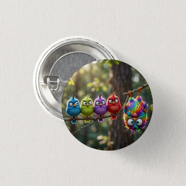 Colourful Fluffy Birdies 3 Cm Round Badge (Front & Back)