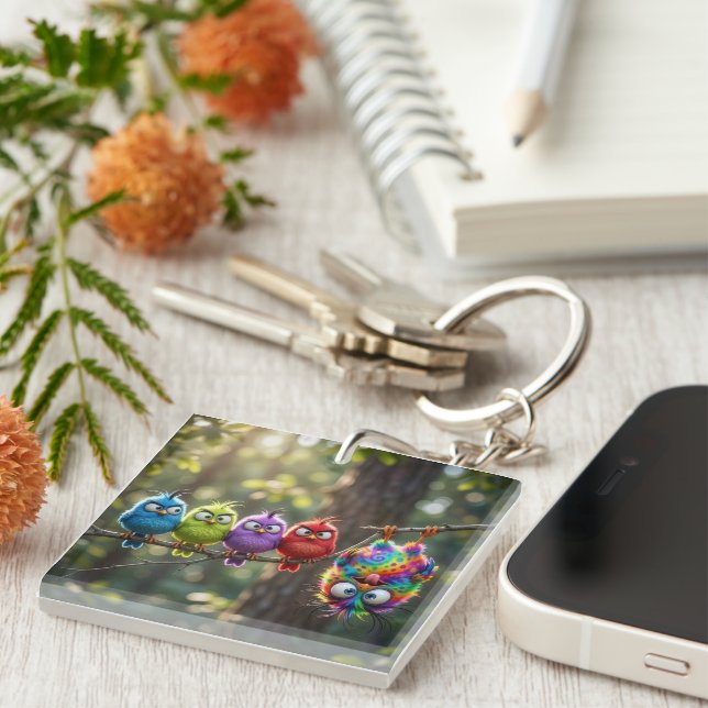 Colourful Fluffy Birdies Key Ring (Front Right)
