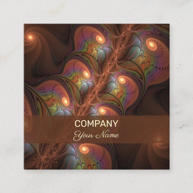 Colourful Fluorescent Abstract Brown Fractal Art Square Business Card (Front)
