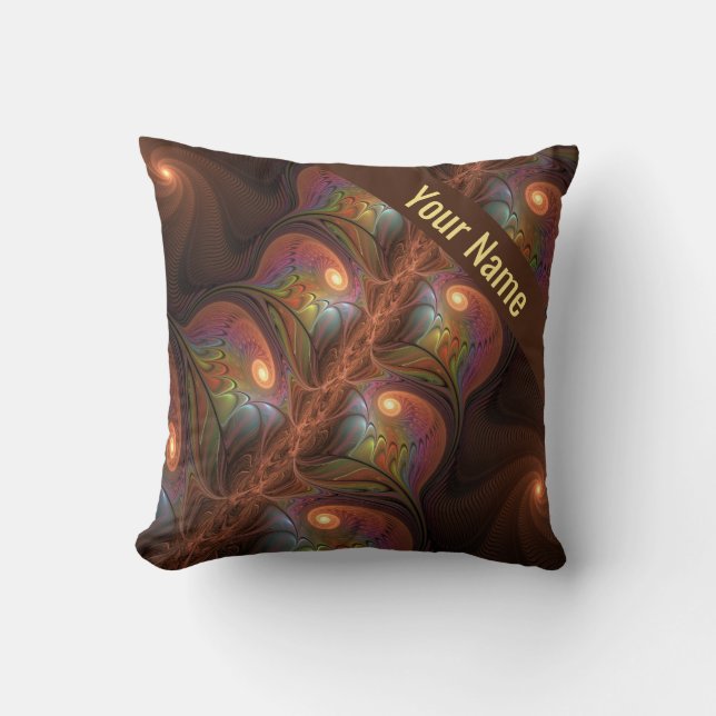 Colourful Fluorescent Abstract Modern Brown Name Cushion (Front)