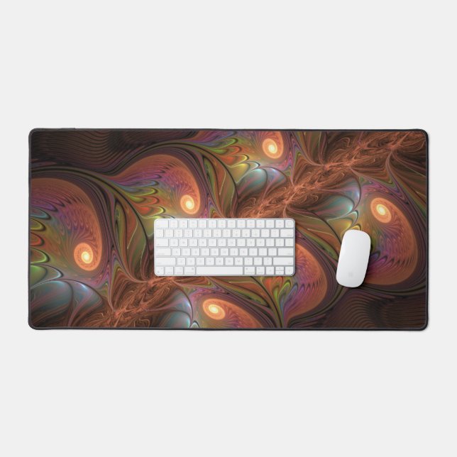 Colourful Fluorescent Abstract Trippy Brown Fracta Desk Mat (Keyboard & Mouse)