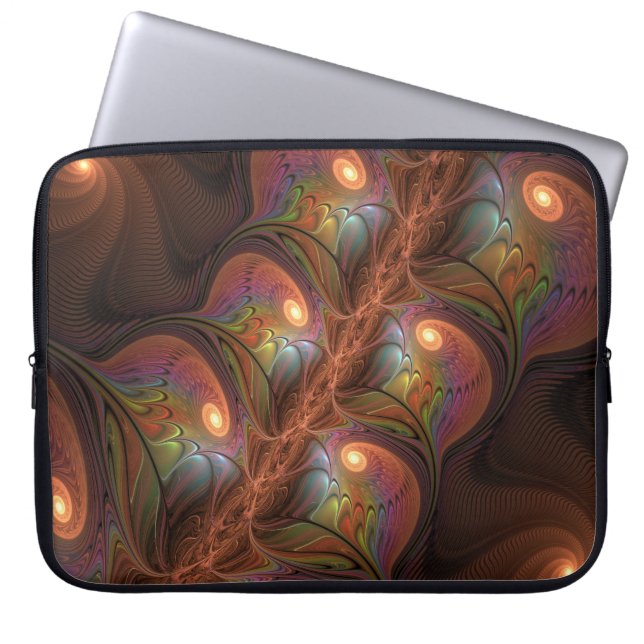Colourful Fluorescent Abstract Trippy Brown Fracta Laptop Sleeve (Front)