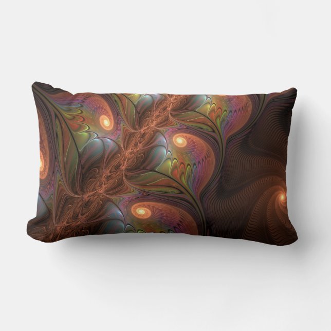 Colourful Fluorescent Abstract Trippy Brown Fracta Lumbar Cushion (Front)