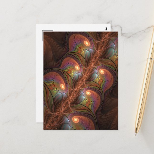 Colourful Fluorescent Abstract Trippy Brown Fracta Postcard (Front/Back In Situ)