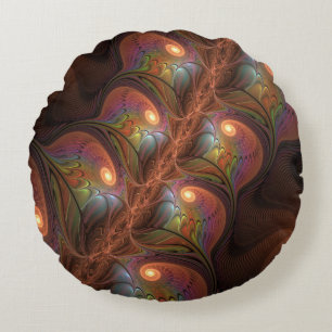 Colourful Fluorescent Abstract Trippy Brown Fracta Round Cushion