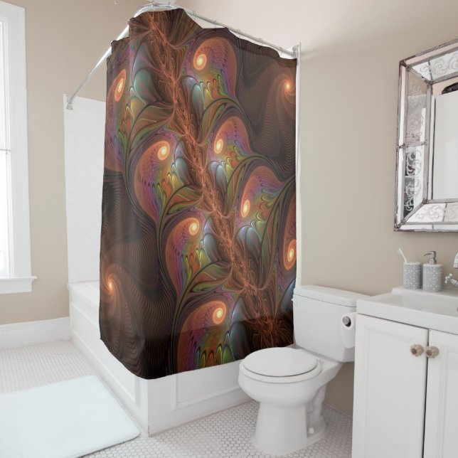 Colourful Fluorescent Abstract Trippy Brown Fracta Shower Curtain (In Situ)