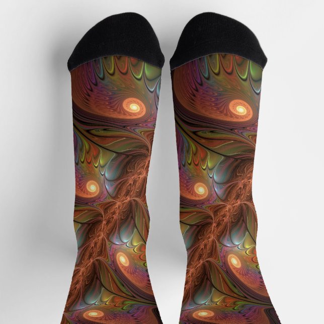 Colourful Fluorescent Abstract Trippy Brown Fracta Socks (Top)