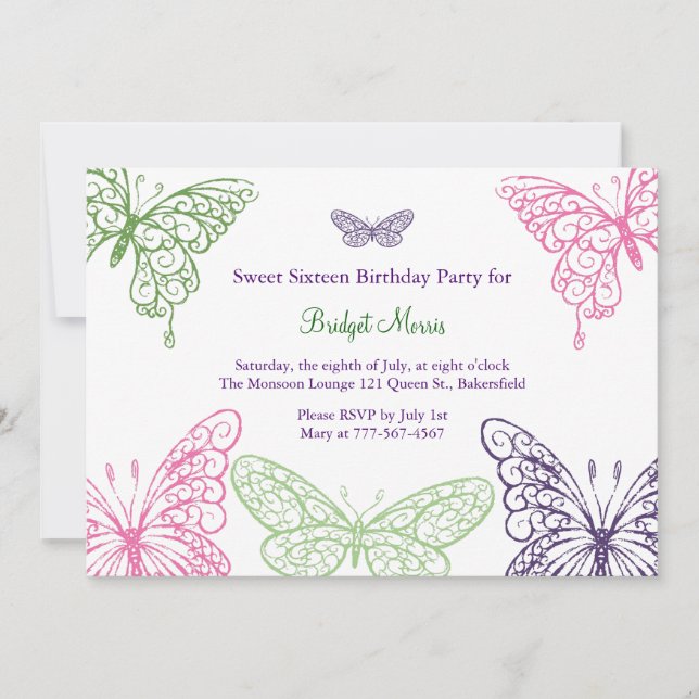 Colourful Fluttering Butterflies Sweet Sixteen Invitation (Front)