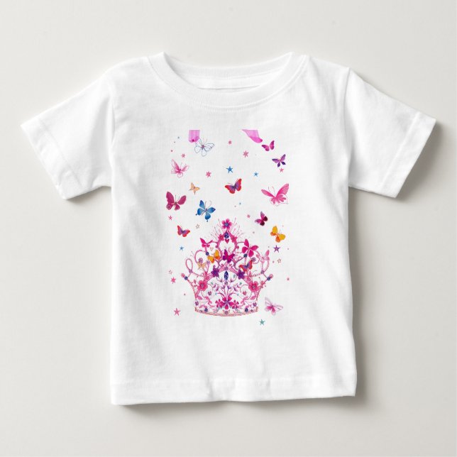 Colourful Flying Butterflies with Crown Art Print Baby T-Shirt (Front)