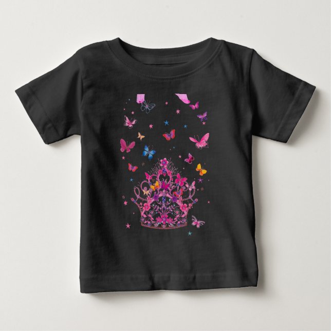 Colourful Flying Butterflies with Crown Art Print Baby T-Shirt (Front)