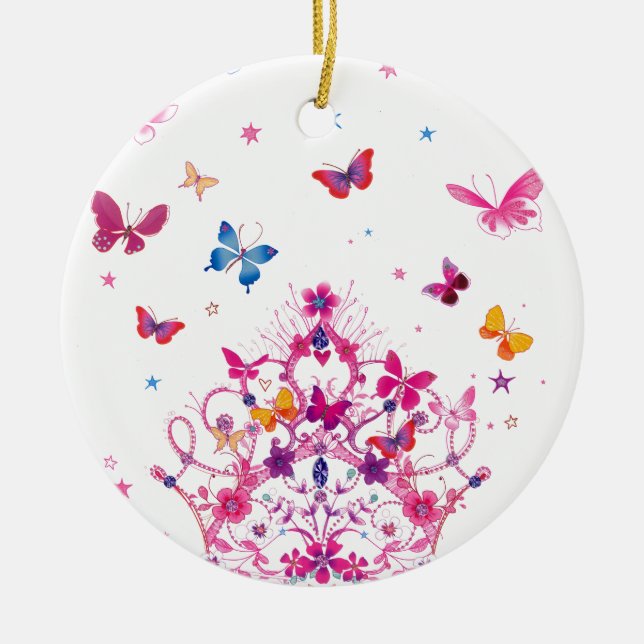 Colourful Flying Butterflies with Crown Art Print Ceramic Tree Decoration (Front)