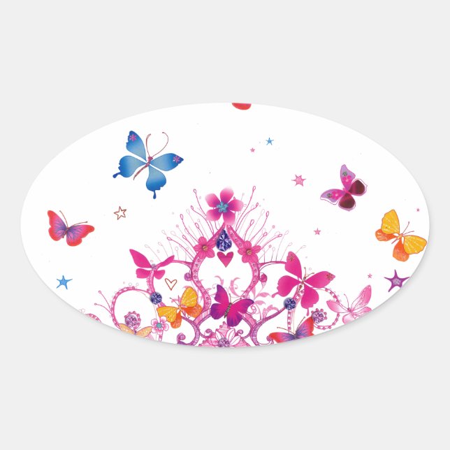 Colourful Flying Butterflies with Crown Art Print Oval Sticker (Front)