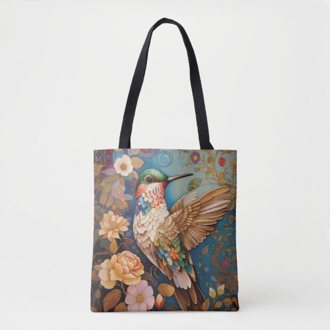 Colourful Flying Patterned Hummingbird Tote Bag (Front)