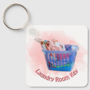 Colourful Folded Laundry On Hangers In Blue Basket Key Ring