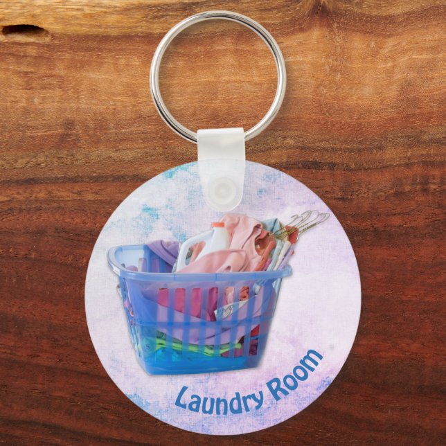 Colourful Folded Laundry On Hangers In Blue Basket Key Ring (Front)