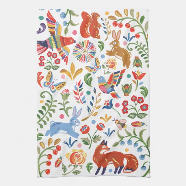 Colourful Folk Animal Woodland Floral Rabbit Fox Tea Towel (Vertical)