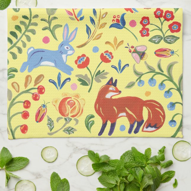 Colourful Folk Animal Woodland Floral Yellow Fiest Tea Towel (Folded)