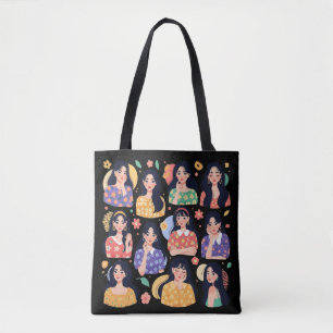 Colourful Folk Art Aesthetic Women Portraits  Tote Bag