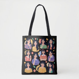 Colourful Folk Art Aesthetic Women Portraits Tote Bag