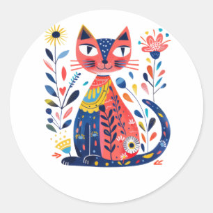 Colourful Folk Art Cat Illustration With Floral El Classic Round Sticker