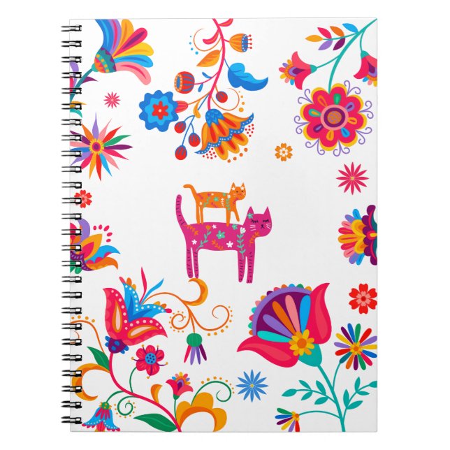 Colourful Folk Art Cats & Flowers Spiral Notebook (Front)