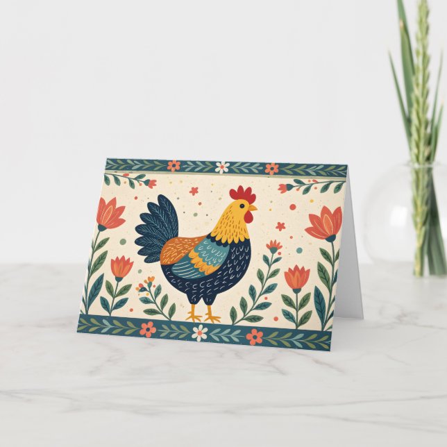 Colourful Folk Art Chicken & Flower Border Birthda Card (Front)