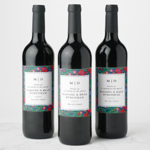 Colourful Folk Art Embroidery Blue Wedding Wine Label