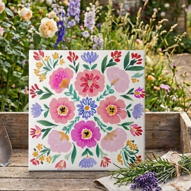 Colourful Folk Art Floral Decorative Ceramic Tile (Colorful Folk Art Floral Decorative Ceramic Tile)